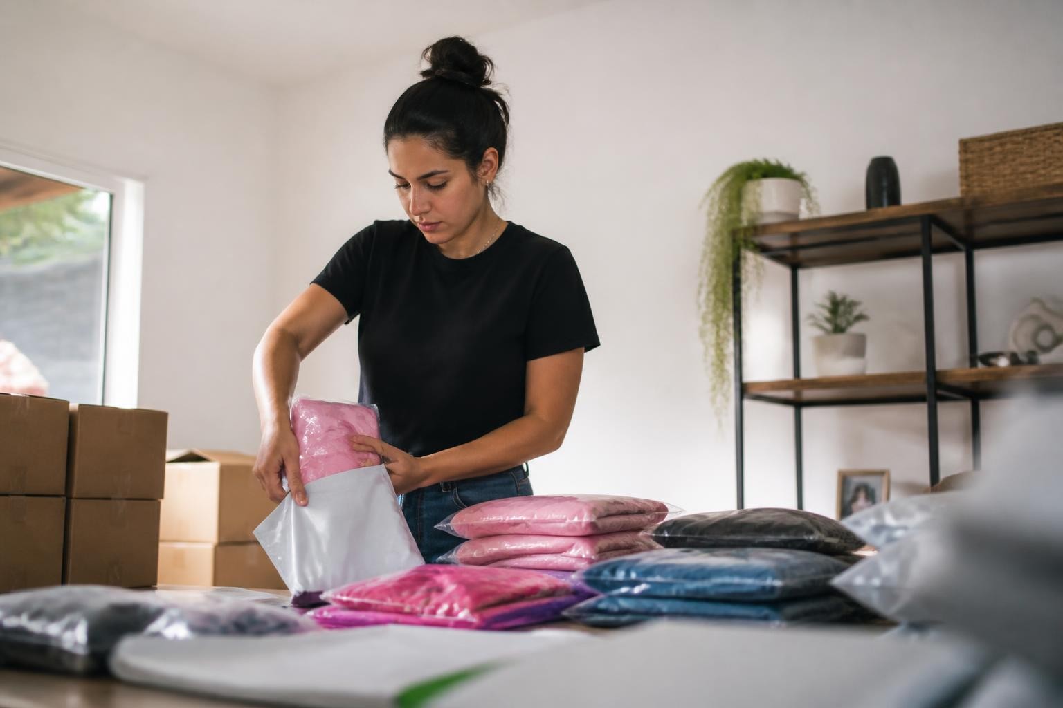 Produtos de revenda organizados para foto, com luz natural