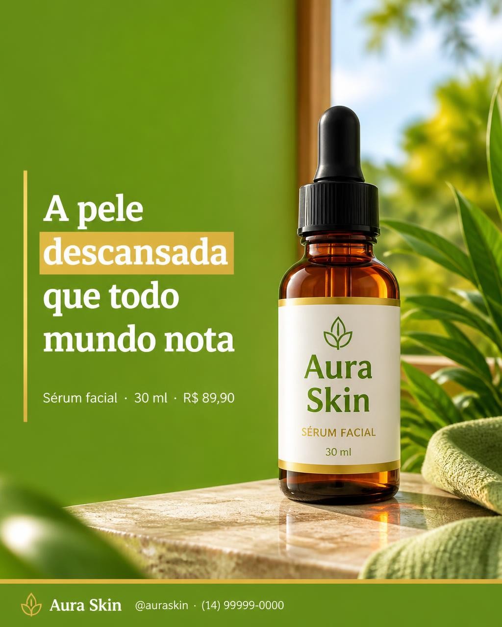 A mesma foto virando post profissional no AutoPubli: produto igual ao real, texto certo em português, com a cara da loja