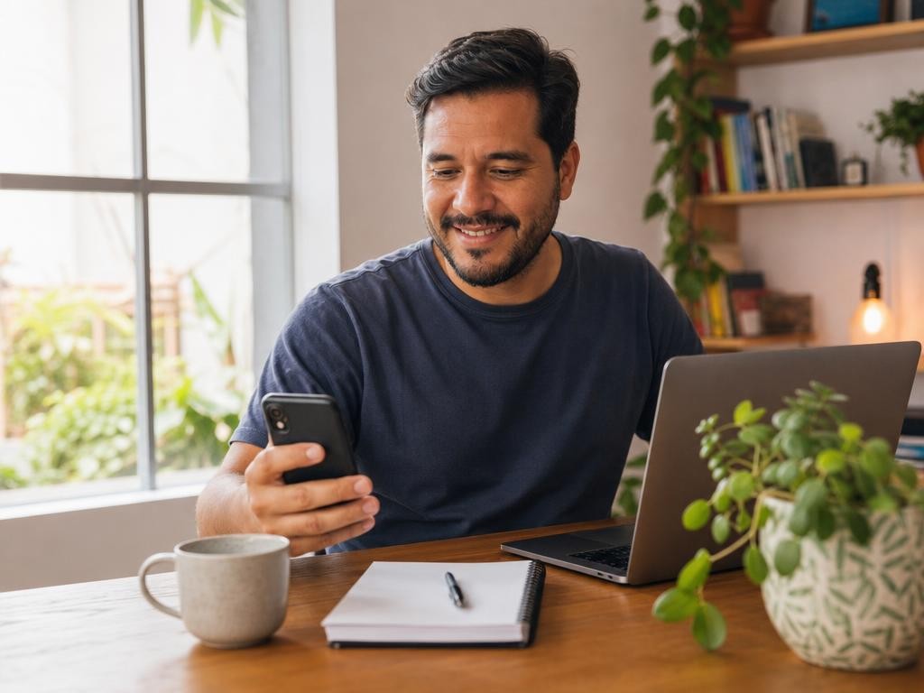 A pessoa que responde no WhatsApp, do celular, na mesa de trabalho dela